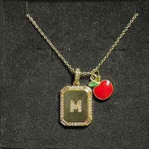 NIB Gold “M” Necklace with Red Apple Charm